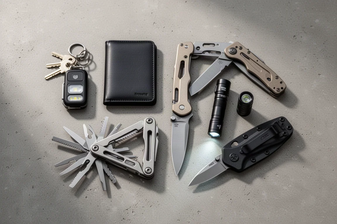 Disposizione flat-lay di attrezzatura da everyday carry con portafoglio, coltelli, torce e un multiutensile su cemento