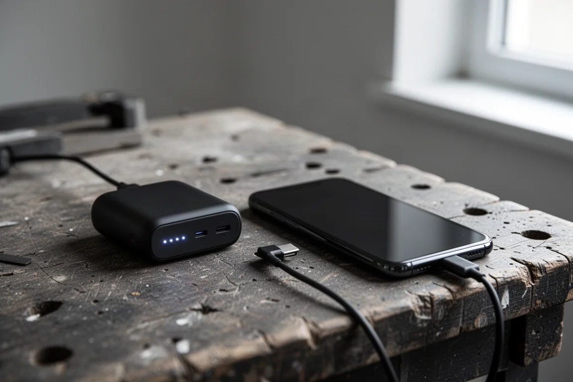 流動電源以充電線連接,在工作檯上為智能手機充電