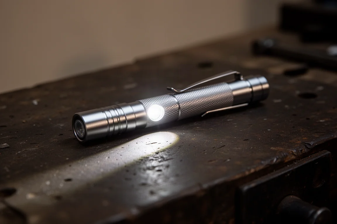 纖細的充電式筆型電筒在昏暗工作檯上射出集中光束