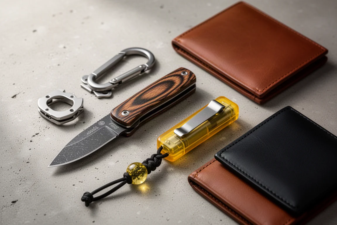 Flat-Lay mit EDC-Messer, Karabiner, Marker-Etui, Bead und zwei Leder-Geldbörsen auf Beton