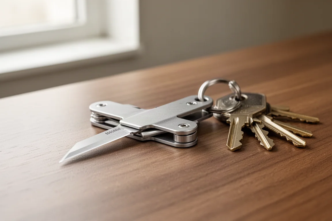 Mały tytanowy multitool breloczkowy leżący na drewnianym biurku obok kluczy