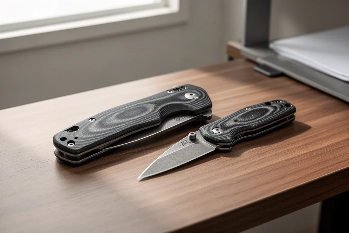 Zwei Klappmesser mit konturierten G10-Griffen auf einem hölzernen Schreibtisch