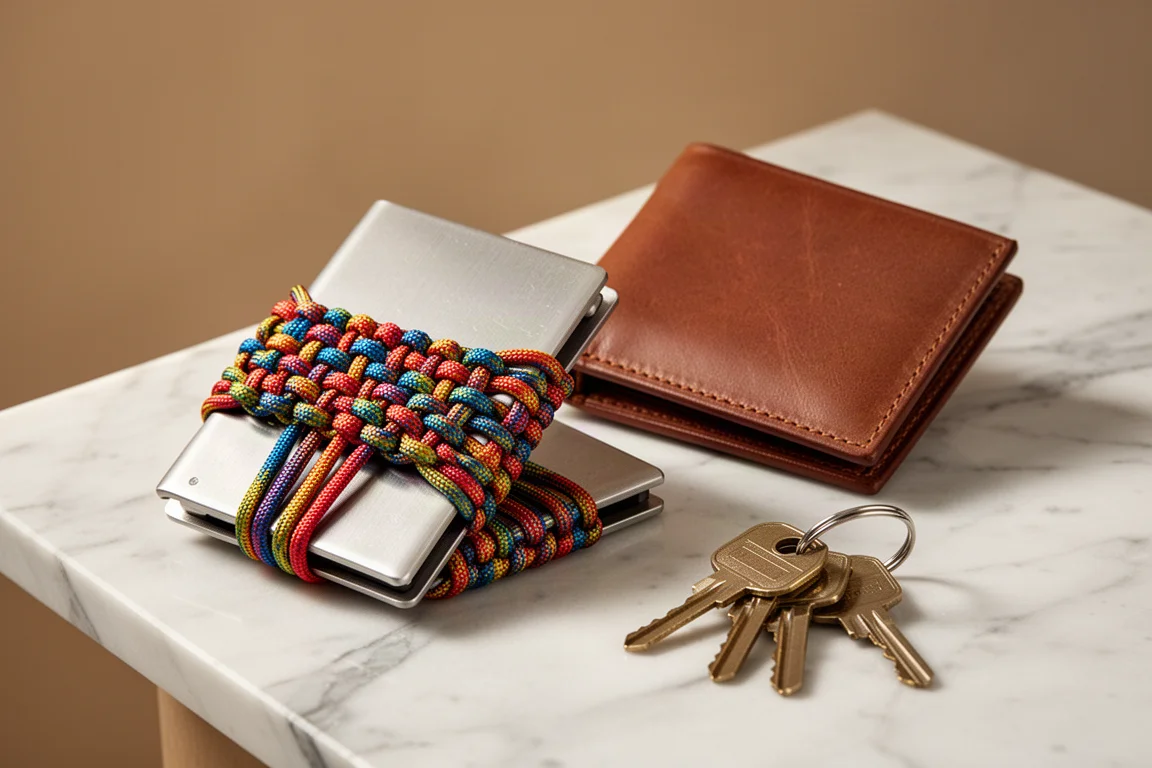 Brieftasche aus Stahl mit Paracord-Umwicklung und braune Ledertasche nebeneinander