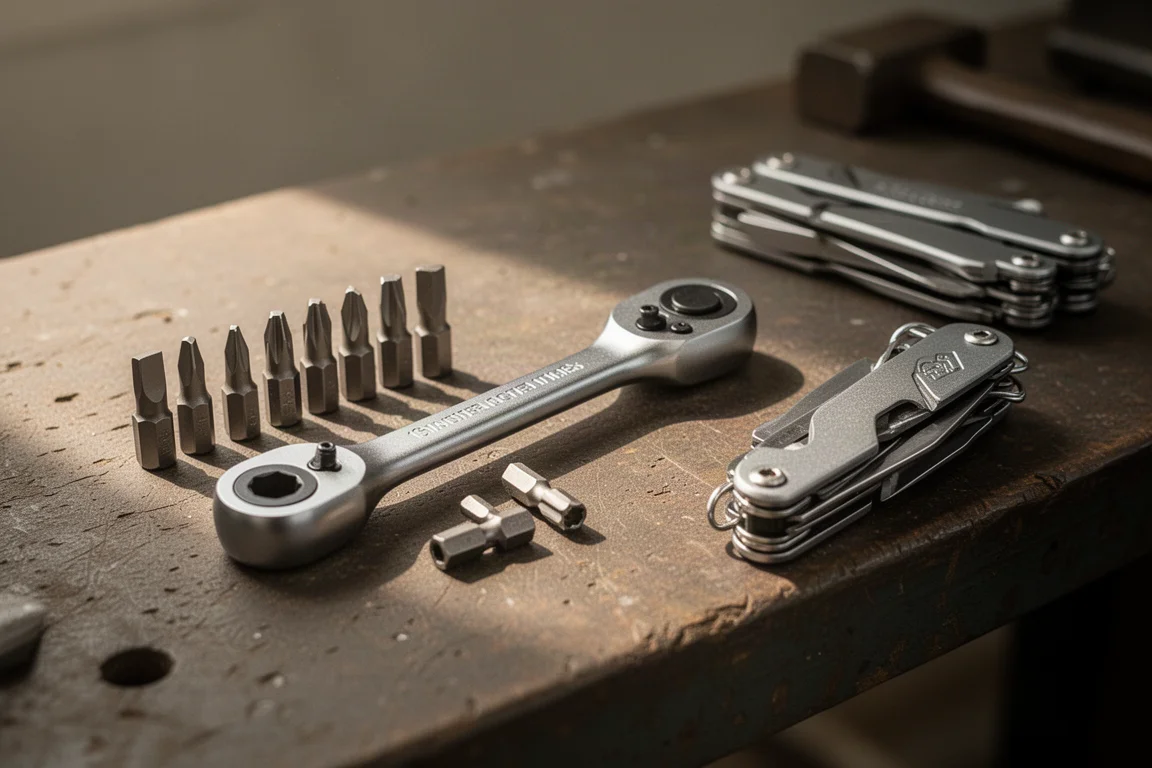 Compact ratchet wrench and bit set laid out on a workshop bench