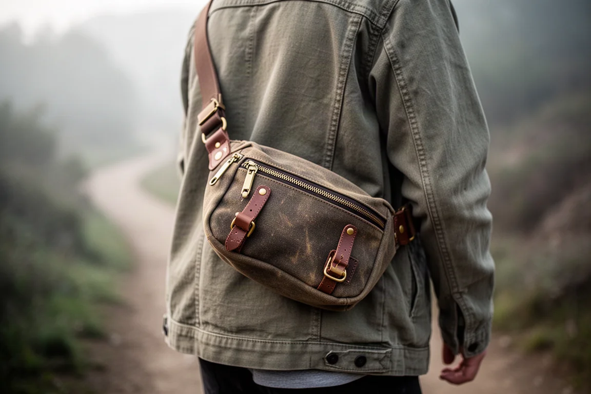 Belt bag worn over a jacket during a weekend outing