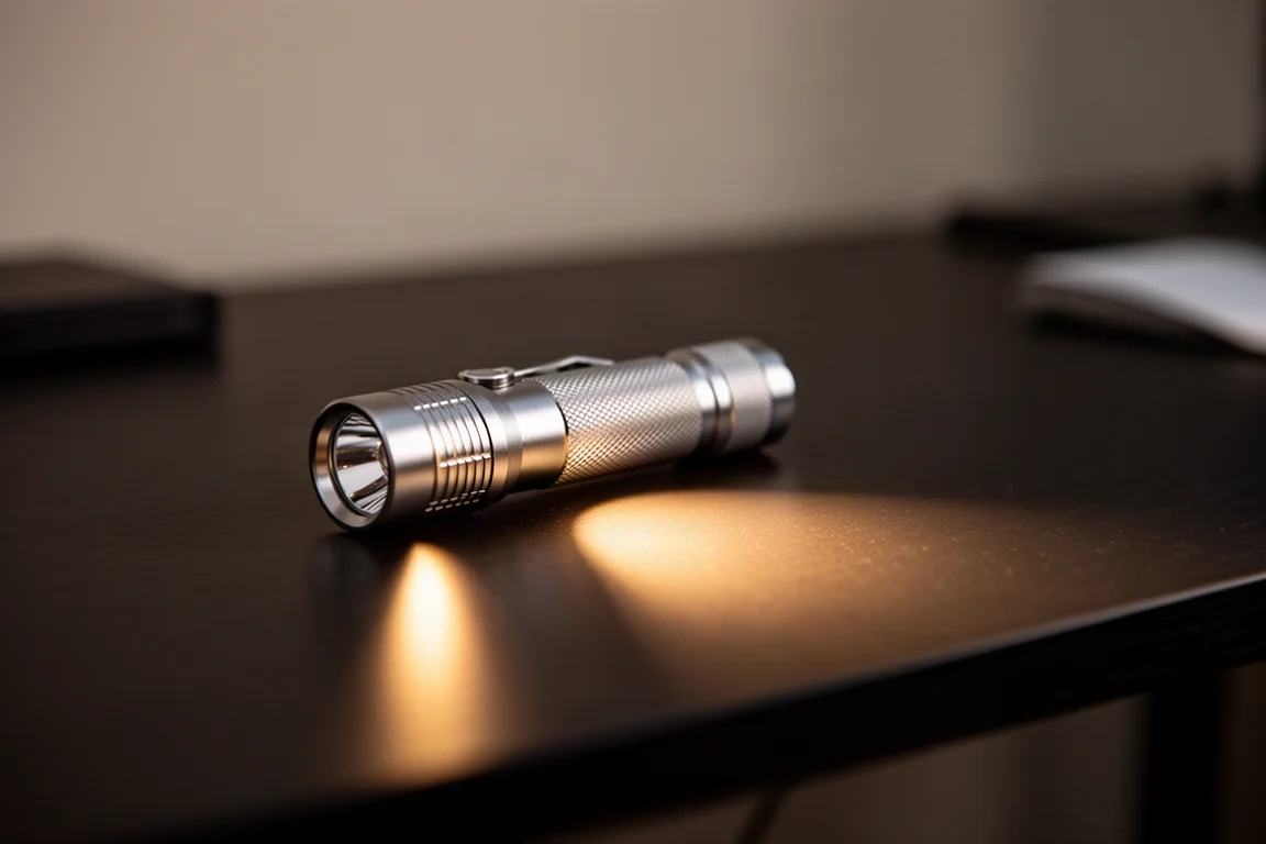Compact flashlight casting a warm beam across a dark desk