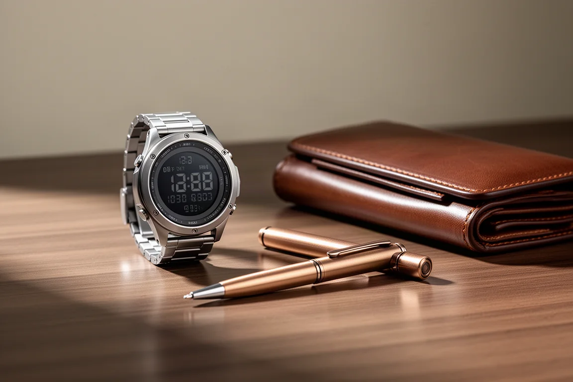Titanium watch and bronze pen resting on a wooden desk
