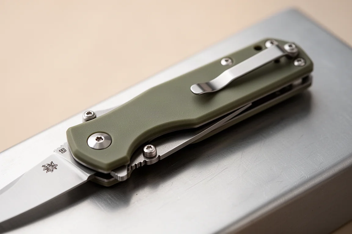 Primer plano de un cuchillo plegable con mango de nylon mate y clip metálico para bolsillo