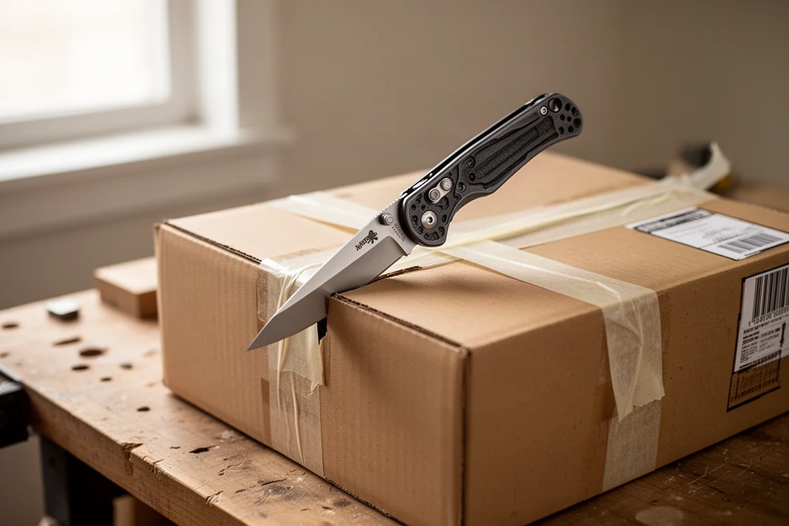 Manos usando un cuchillo plegable para abrir una caja de cartón