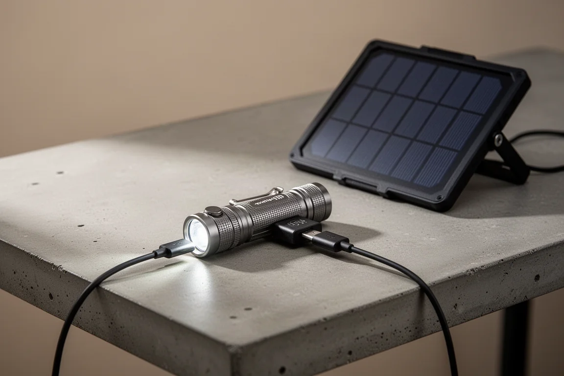 Linterna EDC compacta cargándose mediante un cable USB-C sobre un escritorio