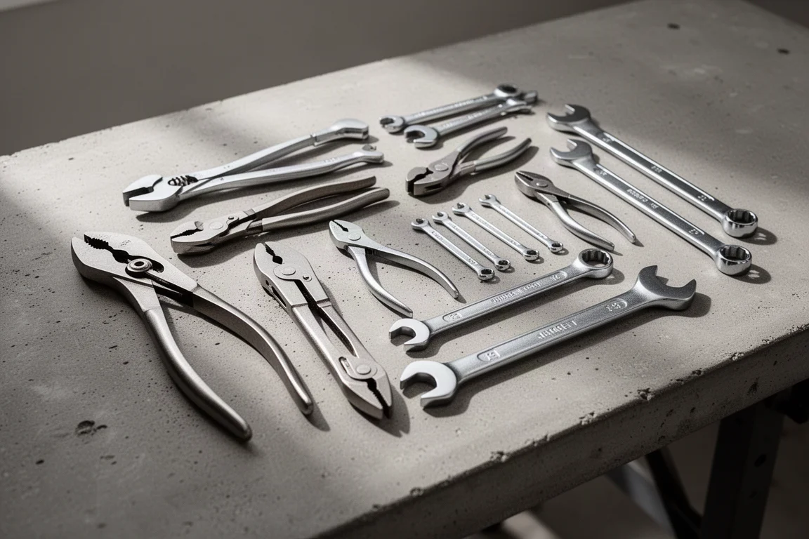 Compact pliers and wrenches laid out on a workbench in soft light
