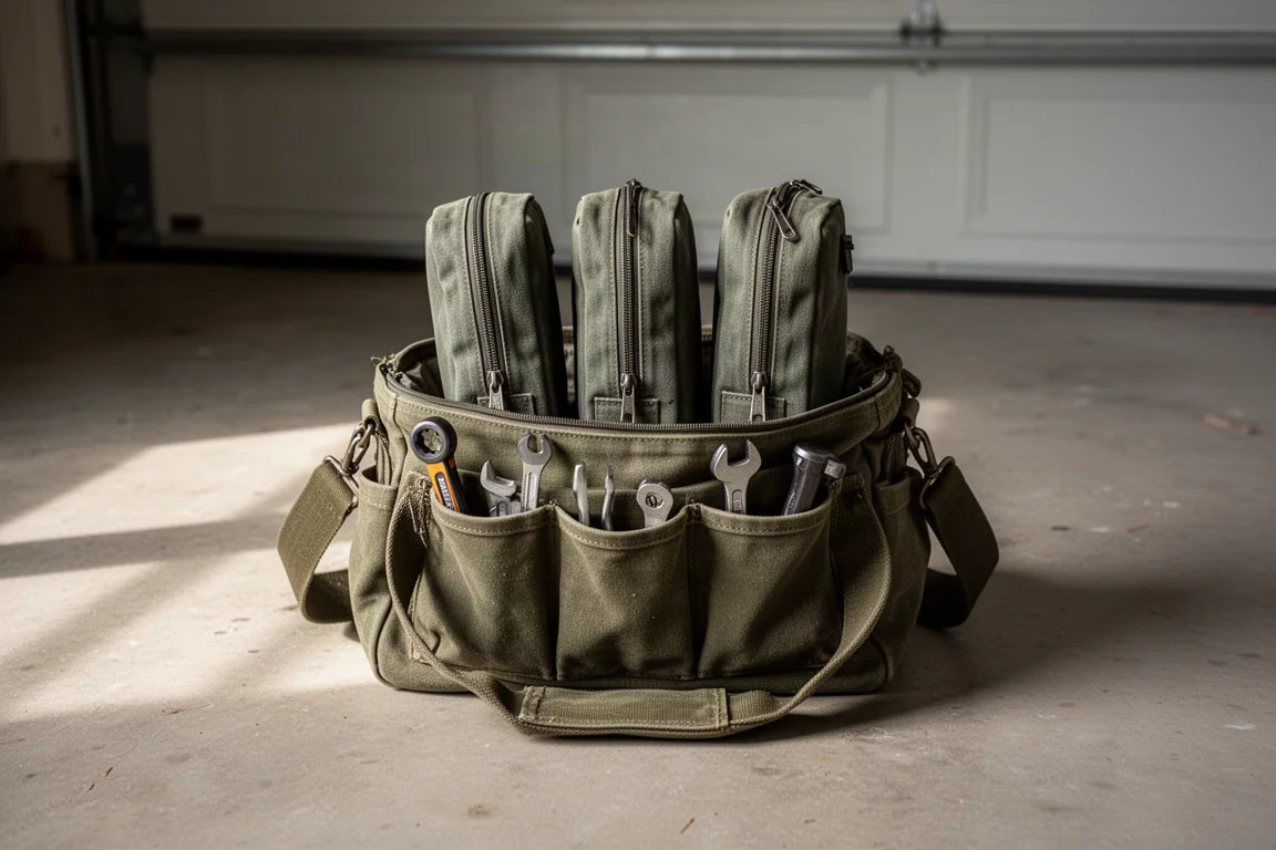 Open canvas tool bag with labeled pouches on a garage floor