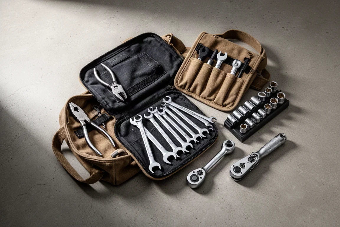 Open tool bag with hand tools arranged on a concrete floor