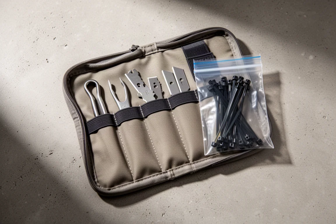 Öppnad EDC-ficka på ett bord med verktyg arrangerade i elastiska öglor