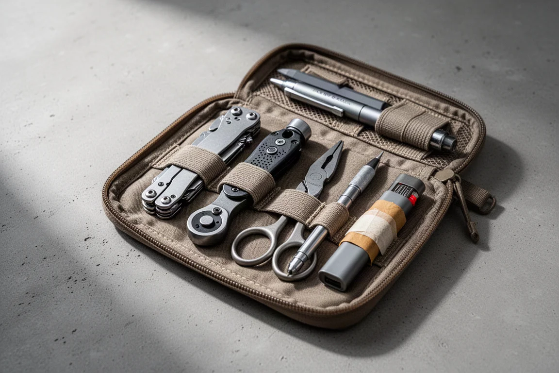Open EDC pouch with organized tools inside, photographed from above on concrete