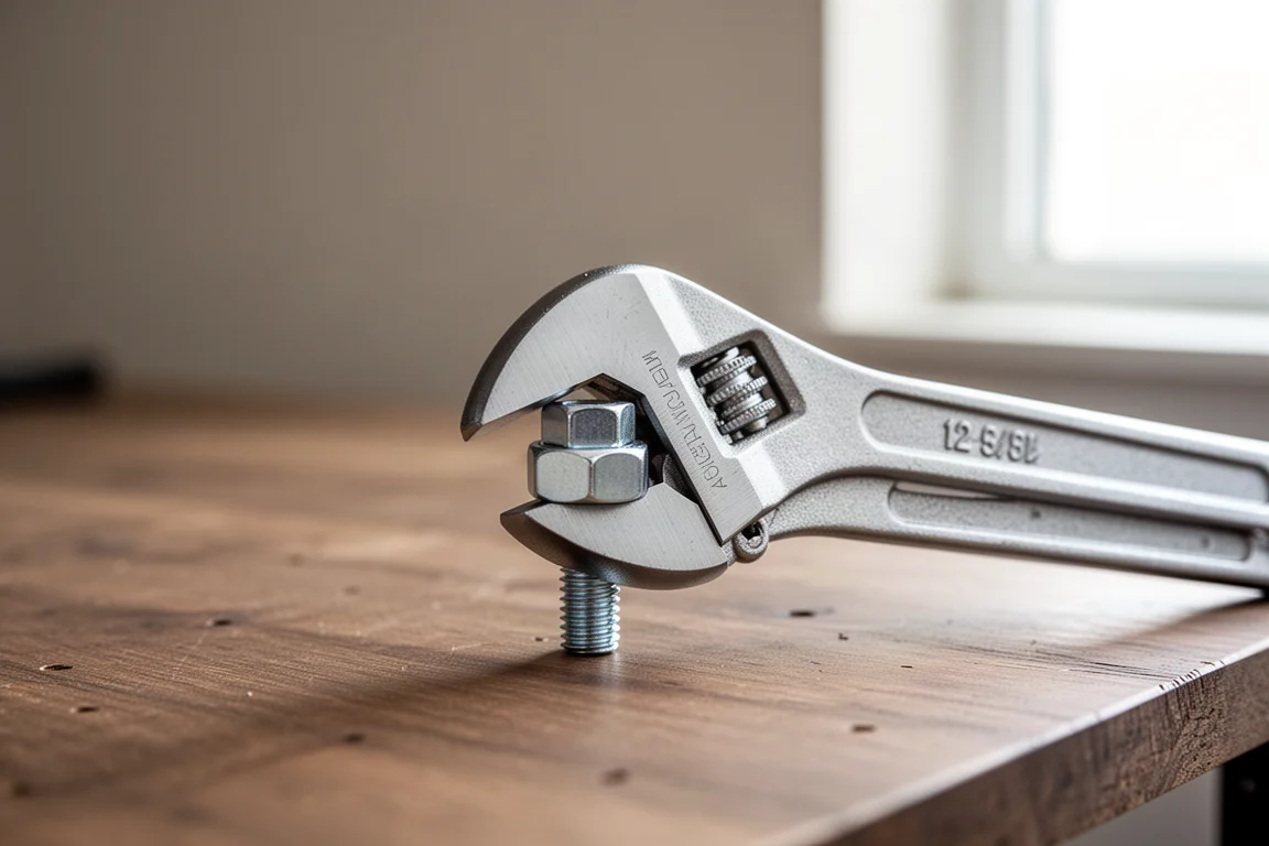 Small adjustable wrench gripping a hex bolt head on a wooden workbench