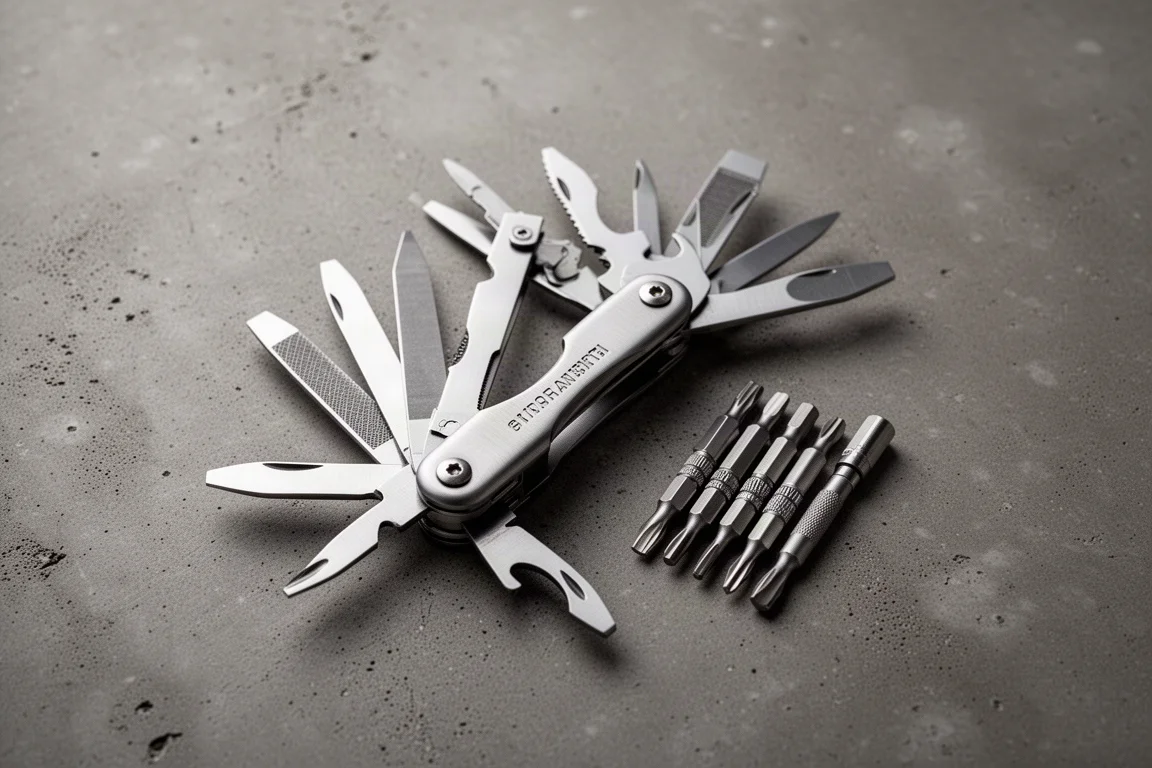 Multi-tool unfolded on a workbench with bits laid out beside it