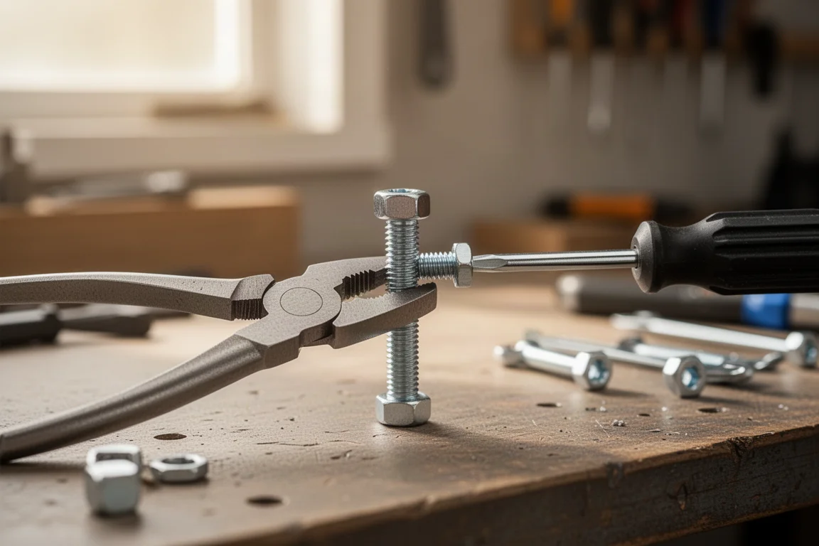 Hands-free repair scene with pliers holding a bolt steady on a bench