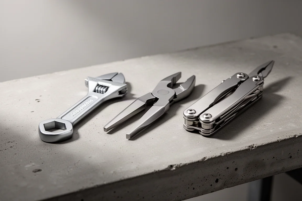 Chave compacta, chave alicate e multitool dobrado dispostos sobre uma bancada de concreto