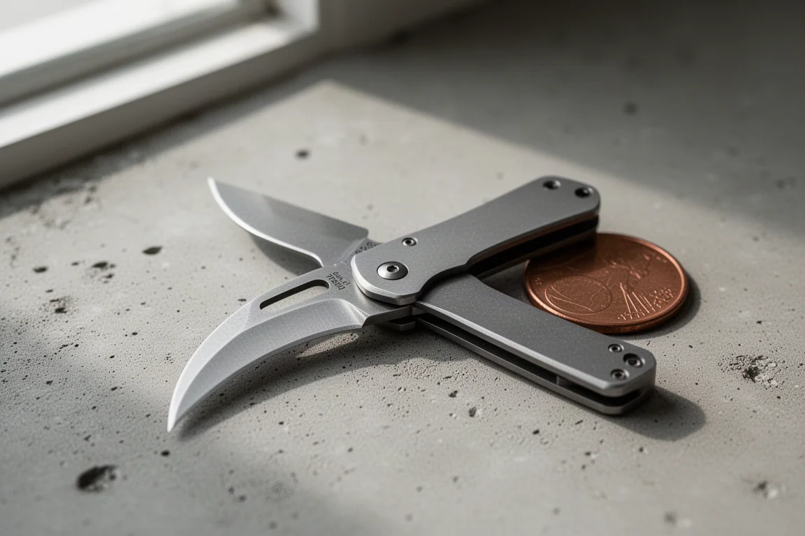 Tiny titanium folding knife lying open next to a coin for scale