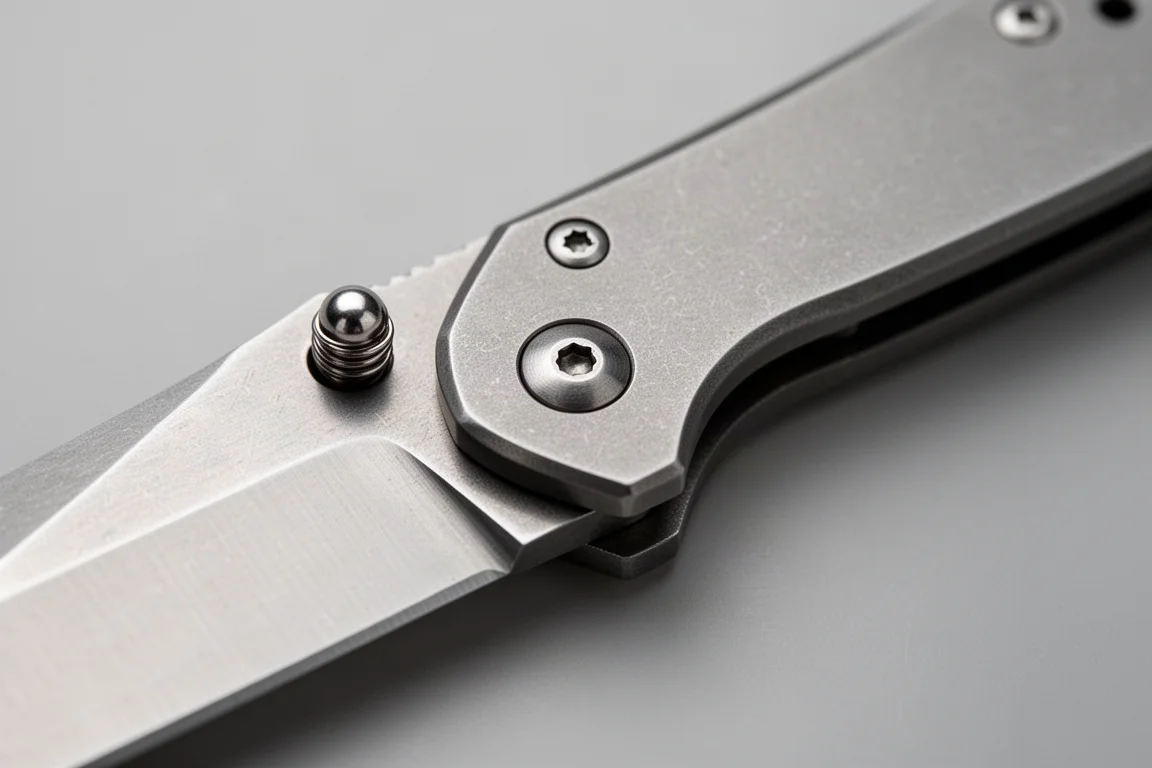 Close-up of a ball detent mechanism inside a folding knife handle