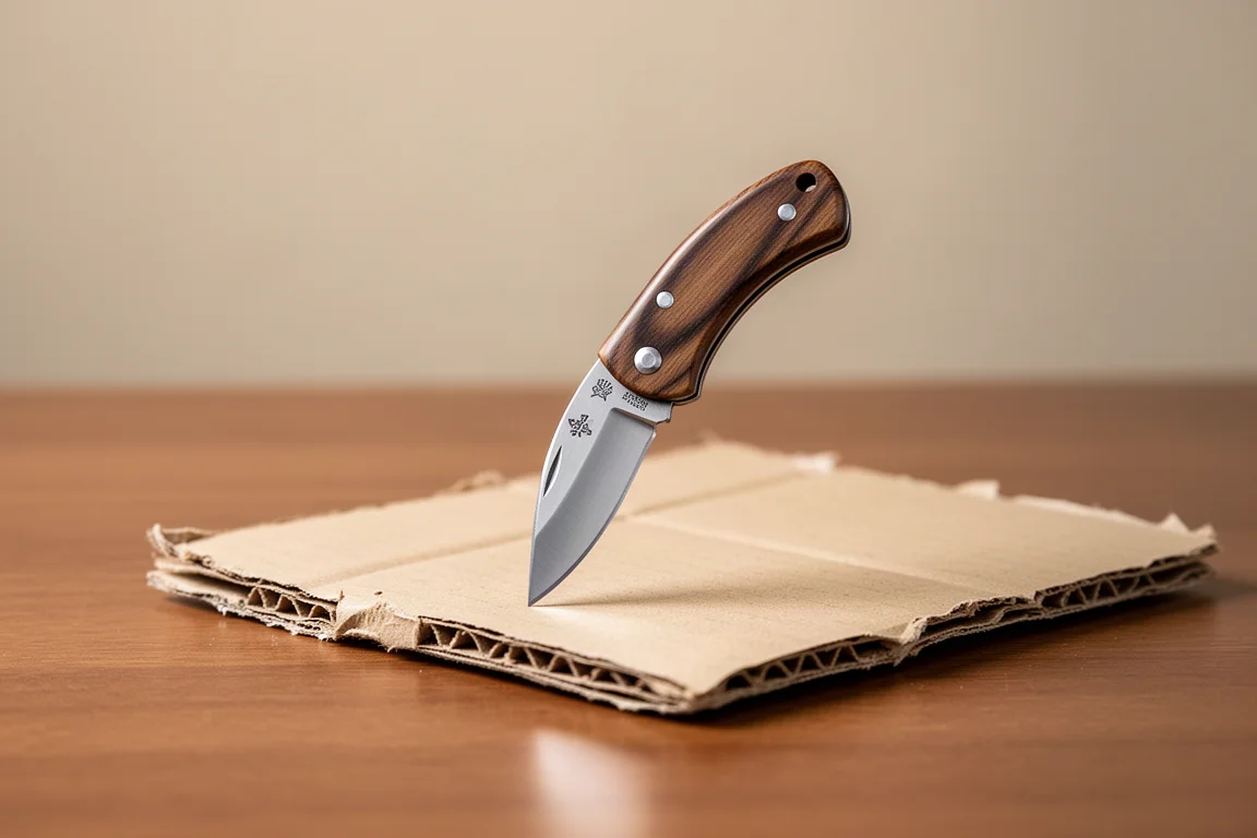 Curved hawkbill-style blade tip resting on a wooden desk surface
