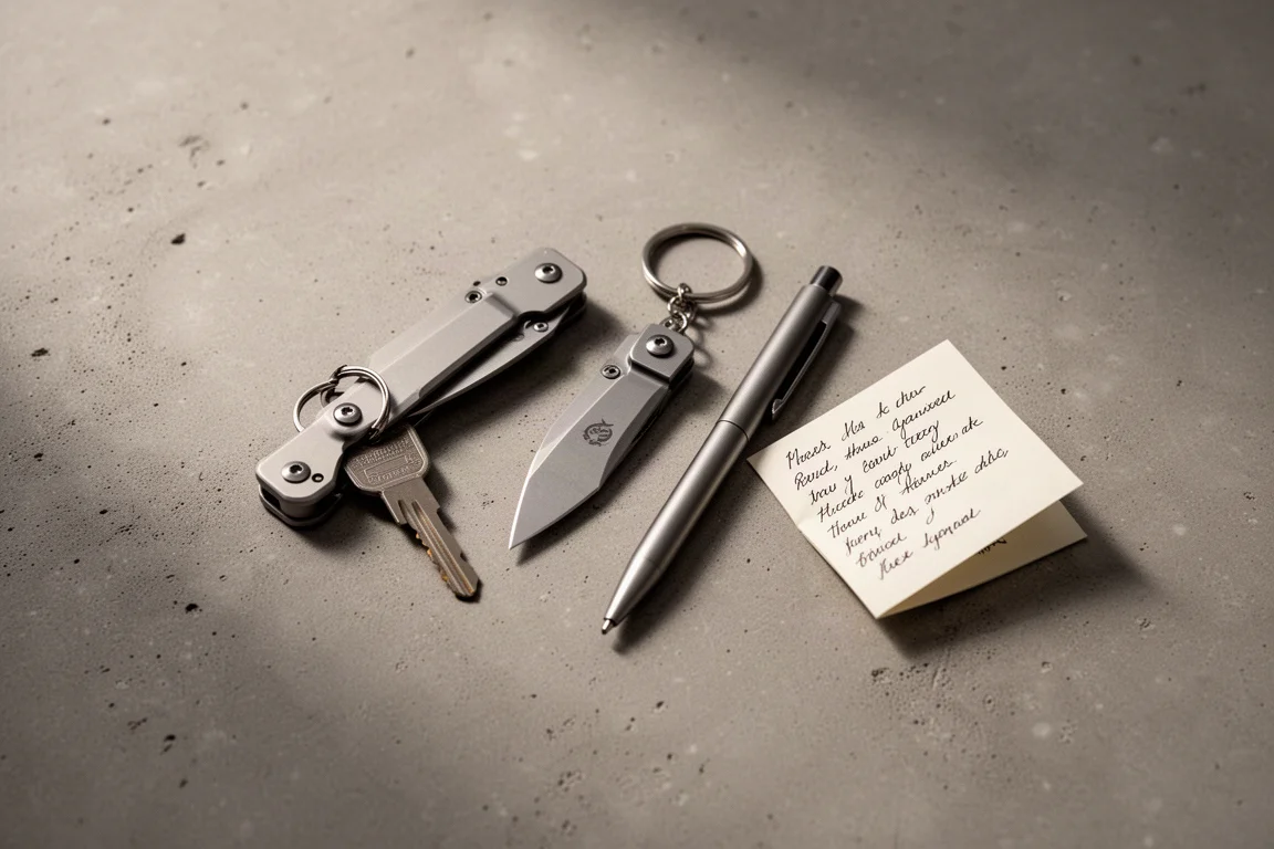 Small titanium folding knife closed on an everyday carry desk setup