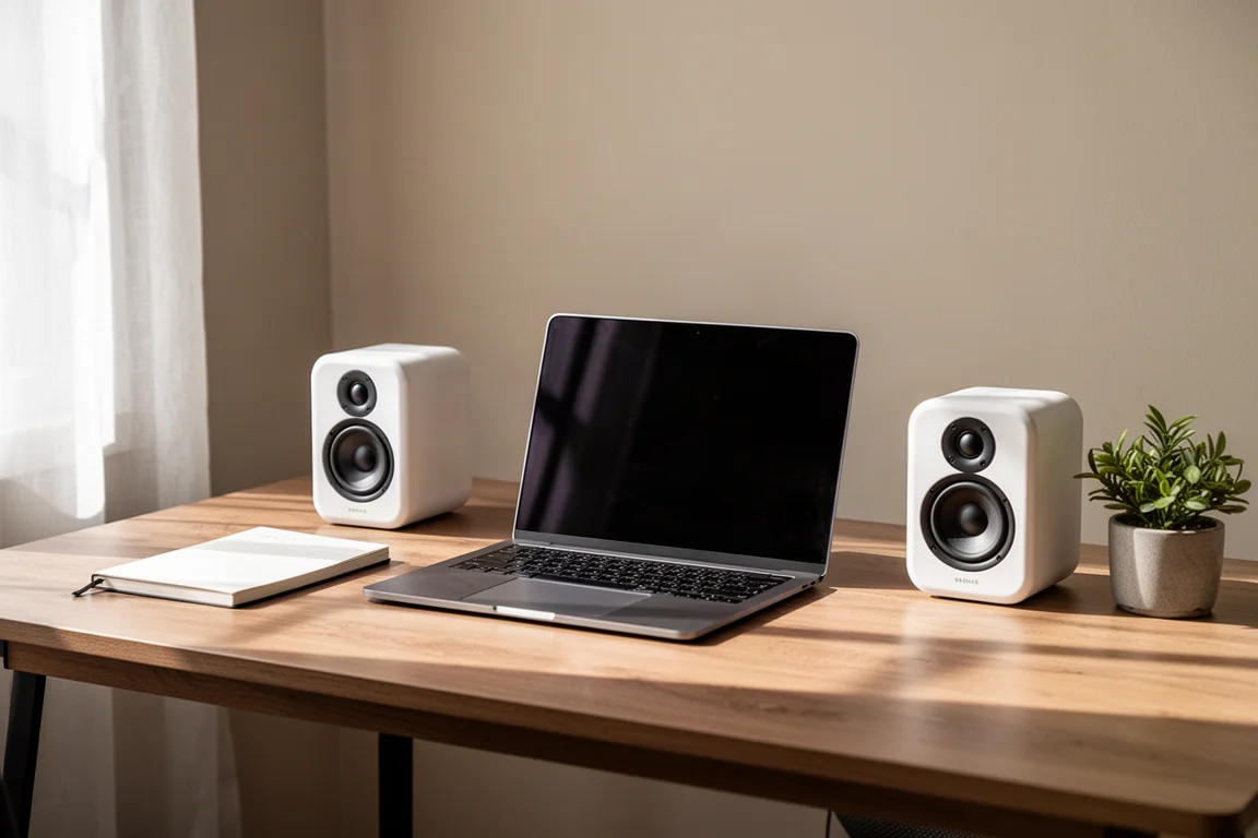 Two small white desktop speakers flanking a laptop on a wooden desk in daylight