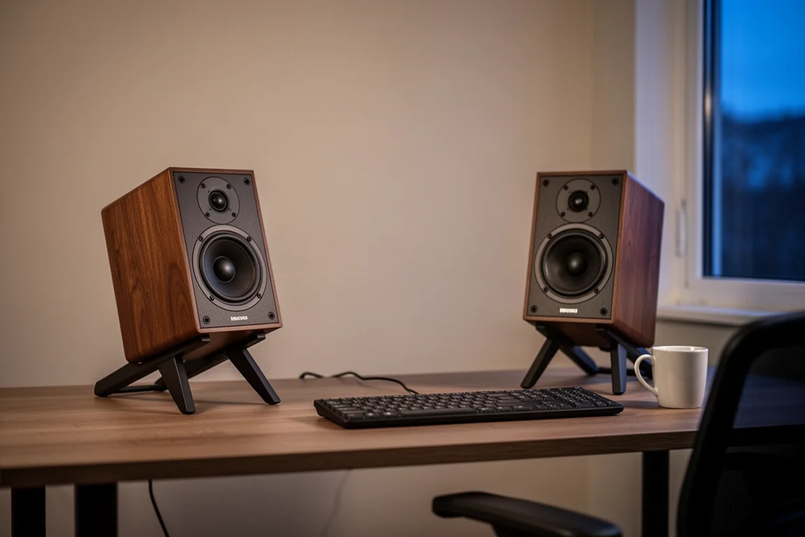 Near-field desk setup viewed from a seated position with small speakers angled inward