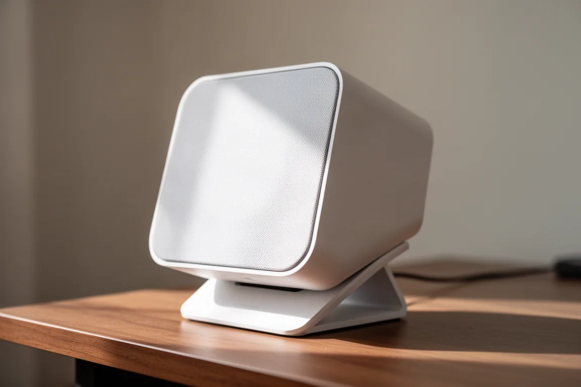 Close-up of a small speaker cabinet resting on an angled desktop stand