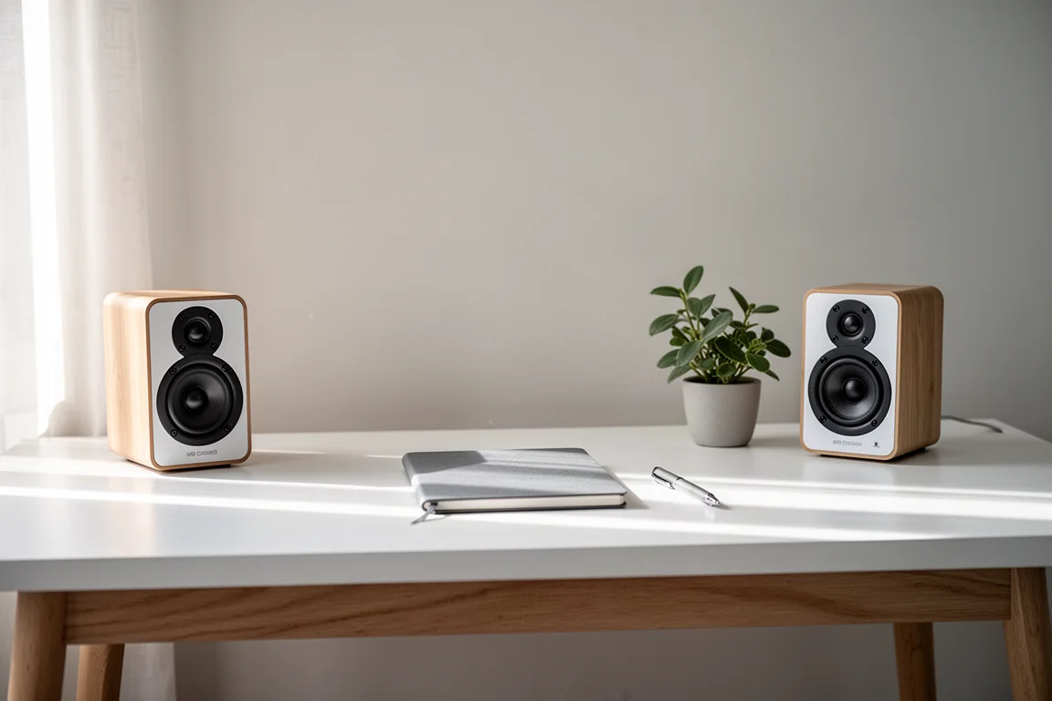 Bright workspace with compact desktop speakers beside a plant and notebook