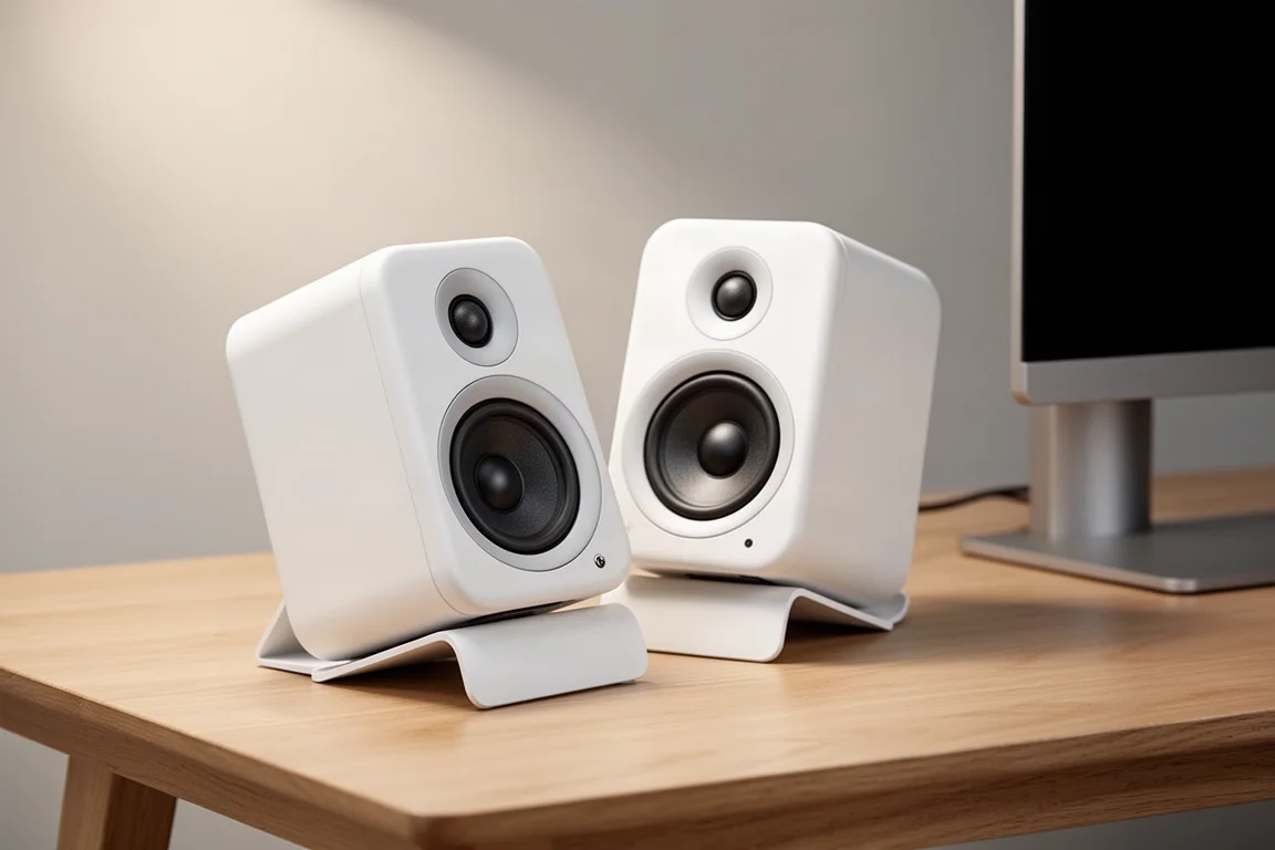 Matte white two-piece desktop speaker system on a light oak desk with a tilted stand