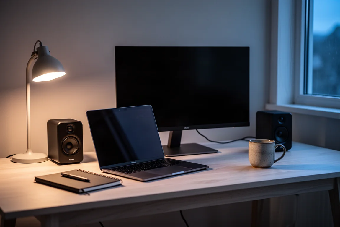 Desktop workspace at dusk with two small black speakers beside a laptop