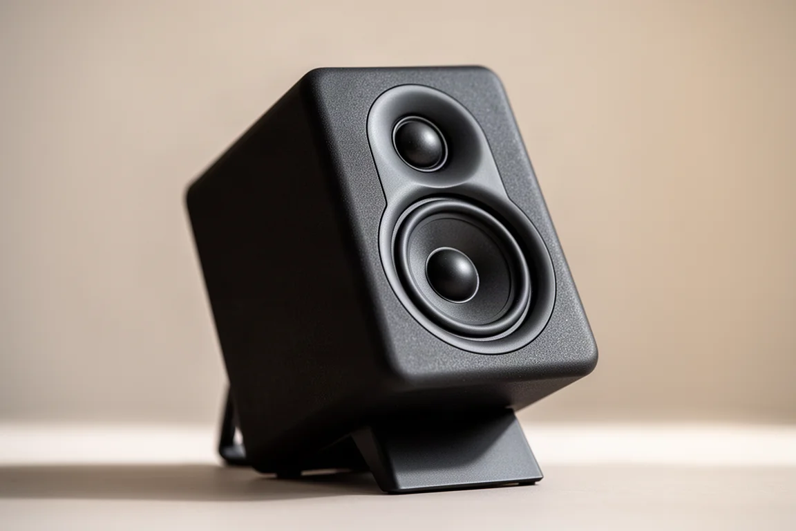 Small black speaker tilted on a stand so the tweeter aims at ear level