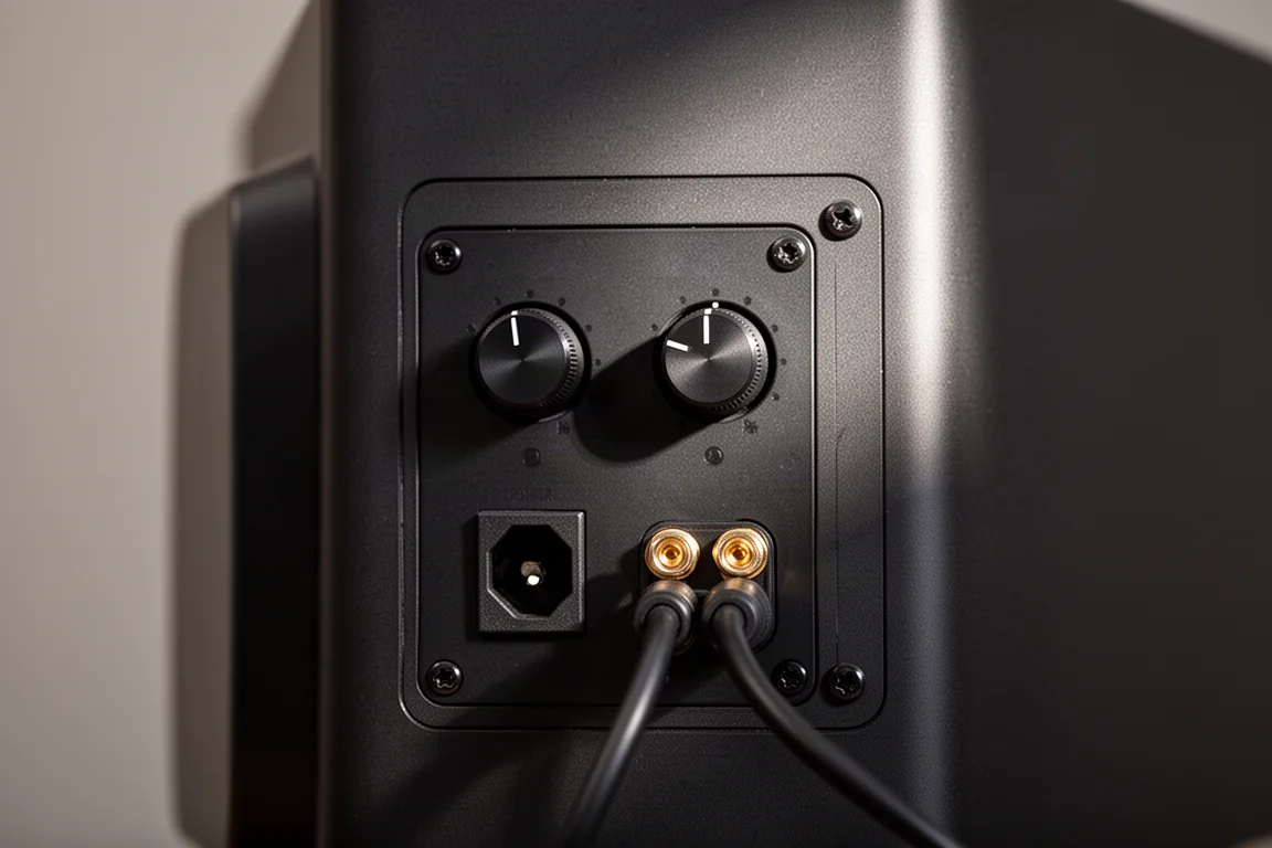 Rear panel of a compact speaker showing two rotary knobs and cable terminals