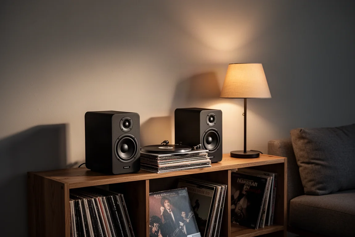 Two compact speakers on a wooden shelf in a warmly lit living room corner