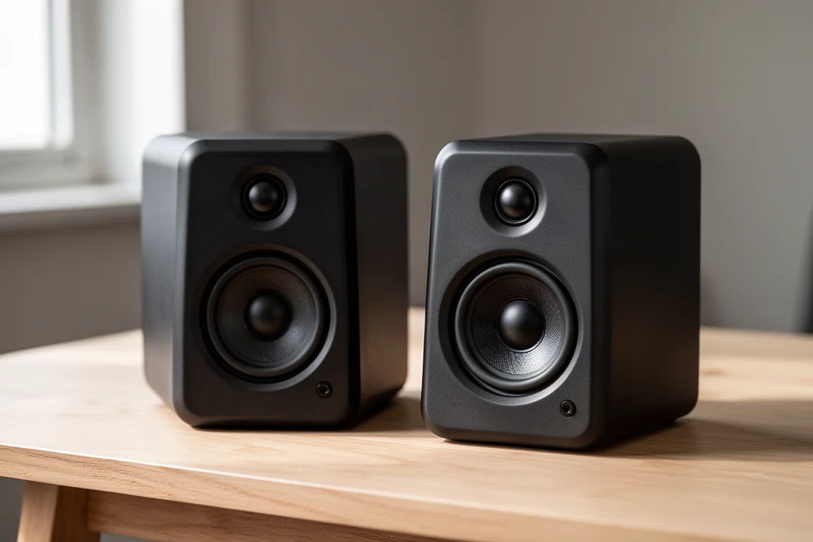 Two compact black desktop monitor speakers on a pale oak desk in soft window light