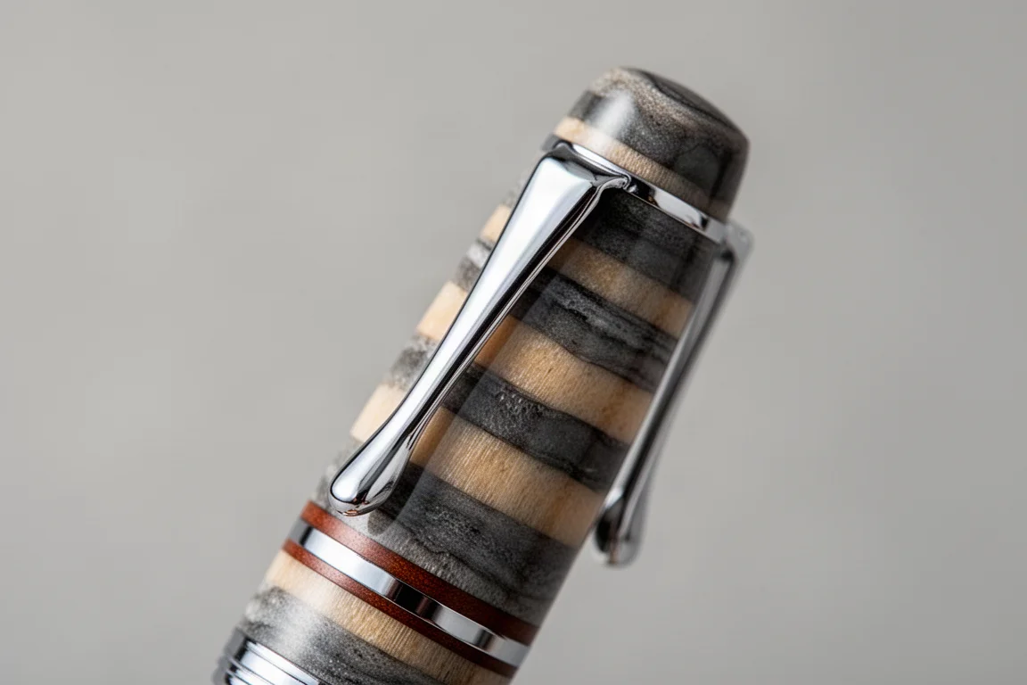 Primer plano del capuchón y el clip de una pluma estilográfica de material compuesto marmoleado