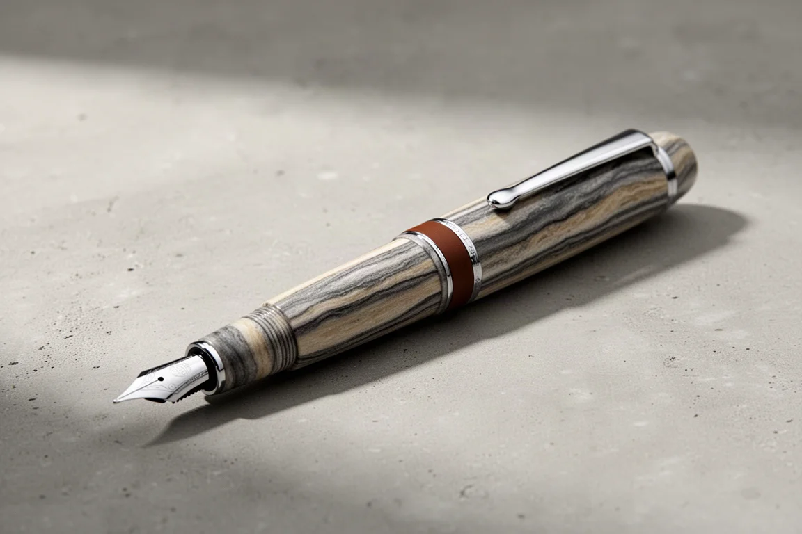 Edison Collier Garolite fountain pen with marbled composite body on concrete surface
