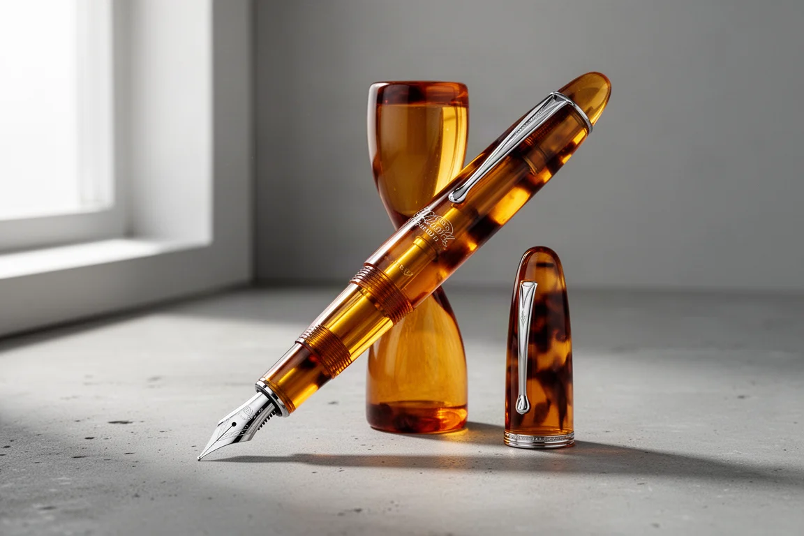 Large translucent tortoiseshell fountain pen with steel nib on concrete surface beside its cap