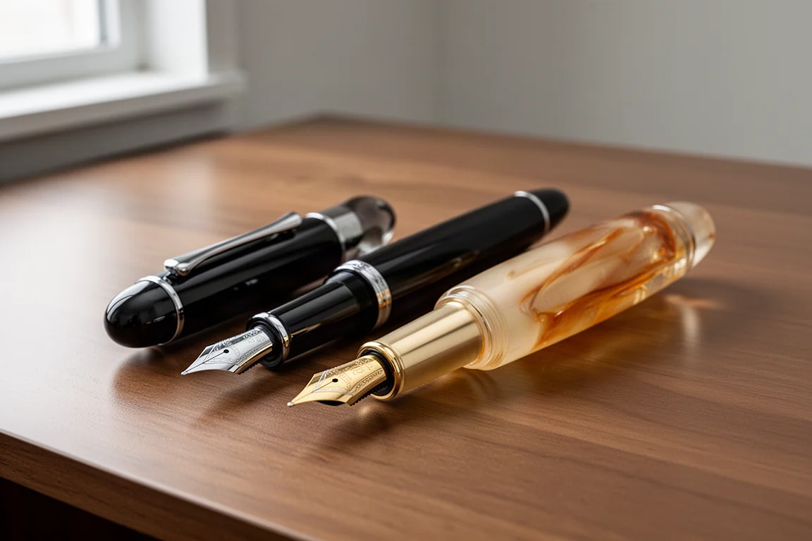 Edison Collier and Collier Grande fountain pens side by side on a wooden desk