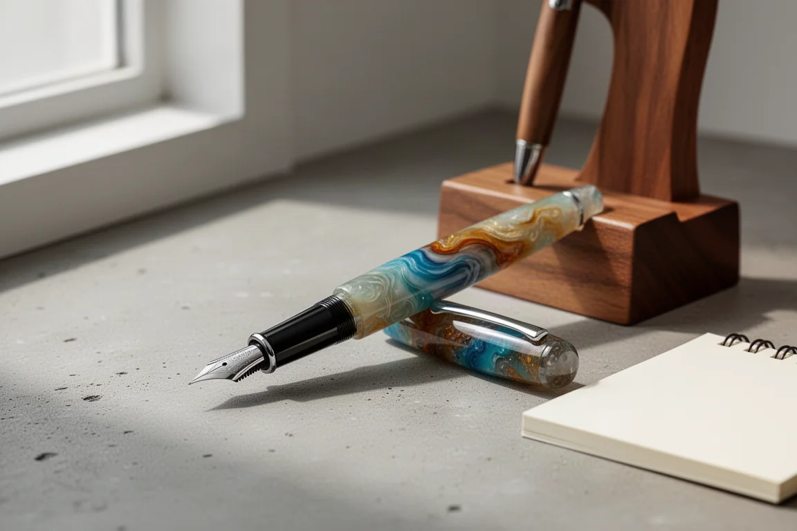 Pluma estilográfica con resina multicolor remolinos sobre una superficie de escritorio neutra