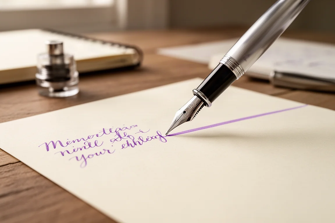 Escritura a mano con pluma estilográfica sobre papel pautado usando tinta morada clara