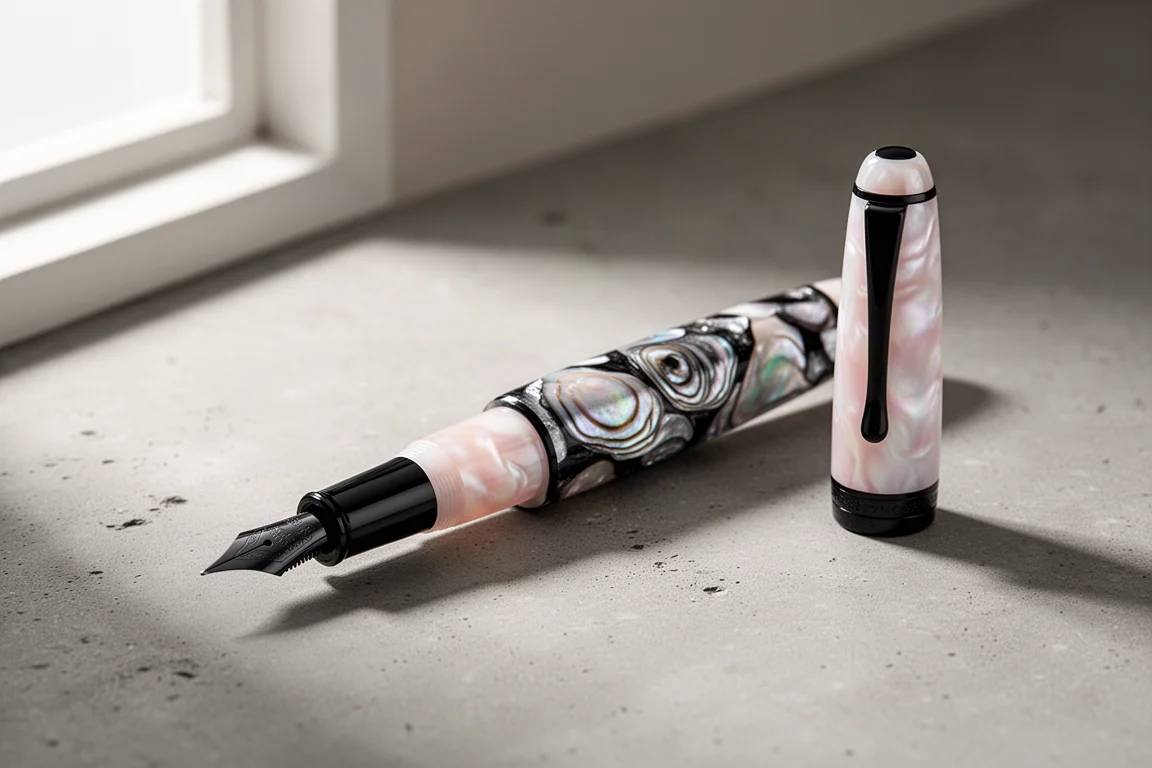 Edison Newark fountain pen in pearlescent Wizard Red Abalone resin with black trim on a concrete surface