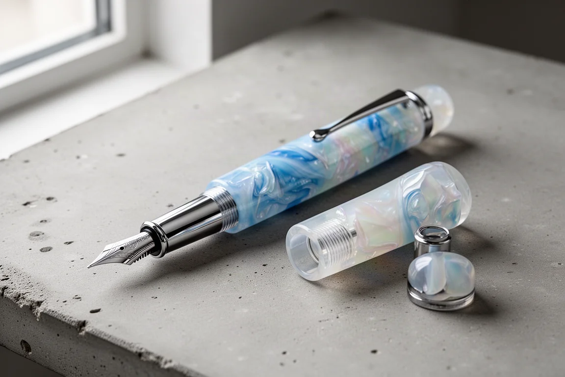 Pearlescent acrylic fountain pen lying diagonally on a concrete desk