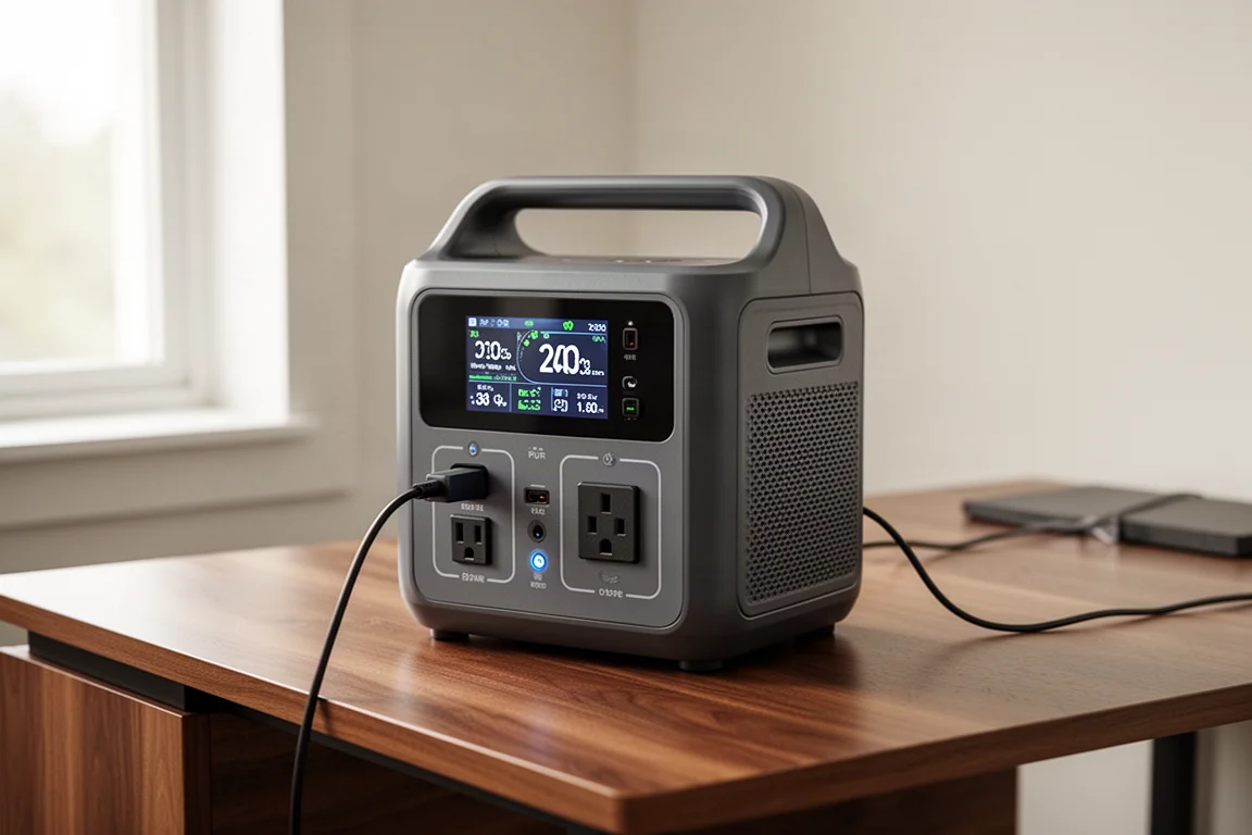 Tragbare Powerstation auf einem Tisch mit angeschlossenen Kabeln und beleuchtetem Display