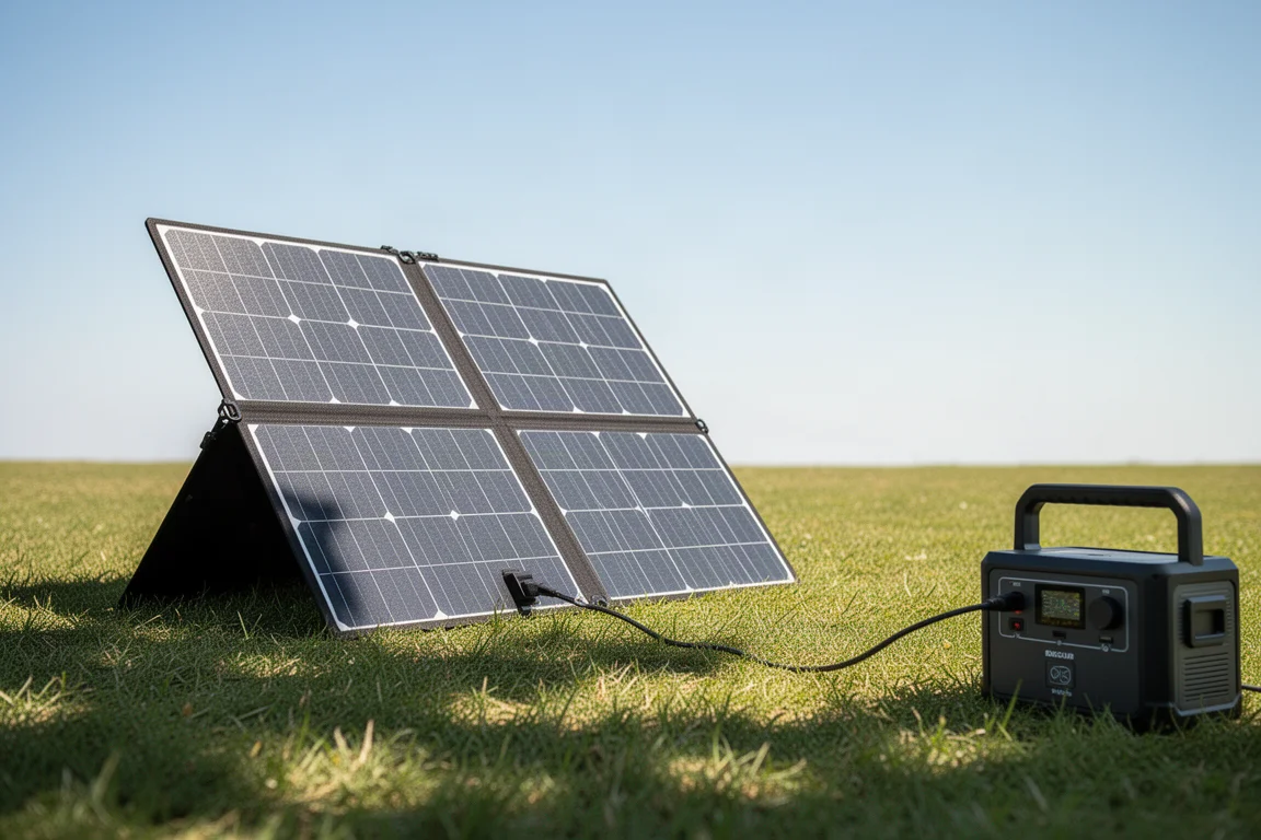 Solarmodul im Freien bei hellem Sonnenlicht, das eine Powerstation lädt