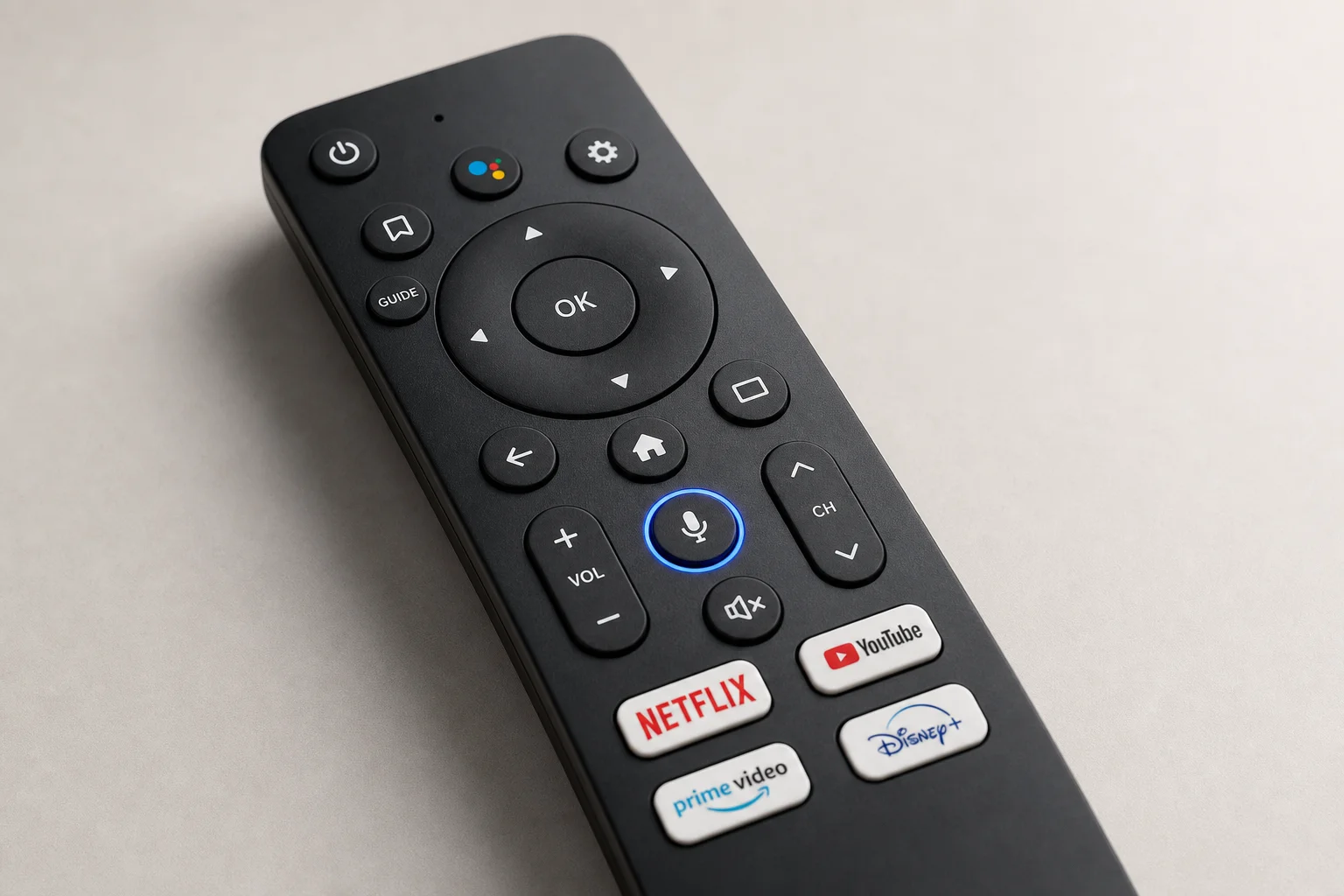 Projector remote control with microphone button highlighted for voice command feature