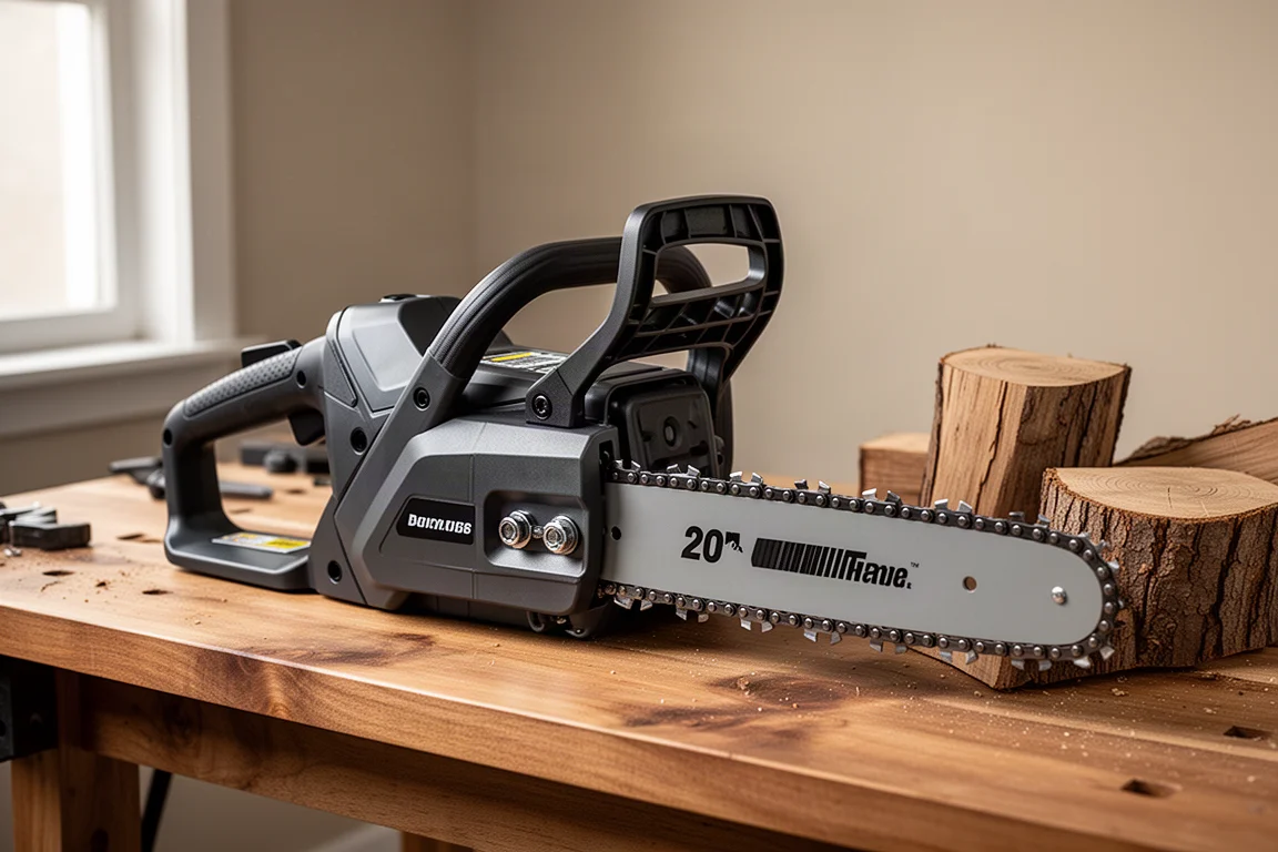 EGO 20-inch Farm and Ranch battery chainsaw on a workbench beside cut oak logs