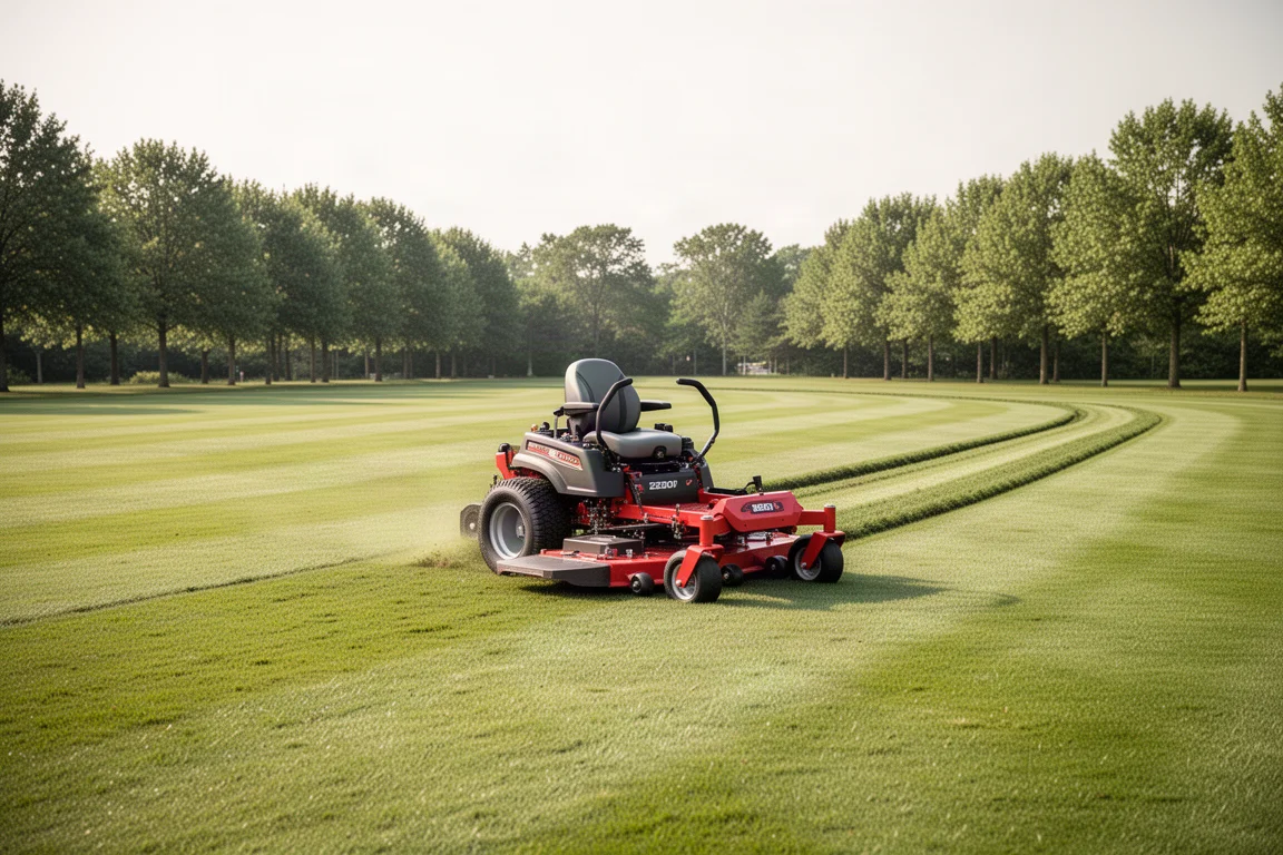Wide zero turn mower cutting a large open lawn in bright daylight